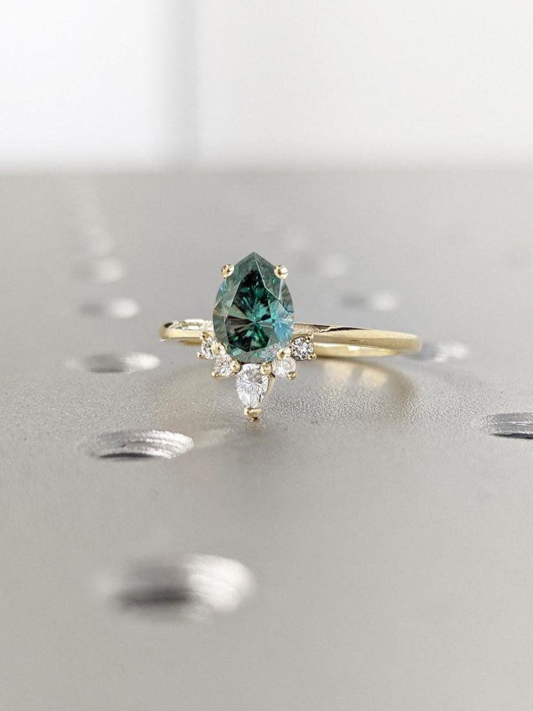 Unique Half Halo Art Deco Wedding Anniversary Ring | Green Moissanite 14k Gold Ring | Pear cut Thin Engagement Ring | Woman Bridal Ring