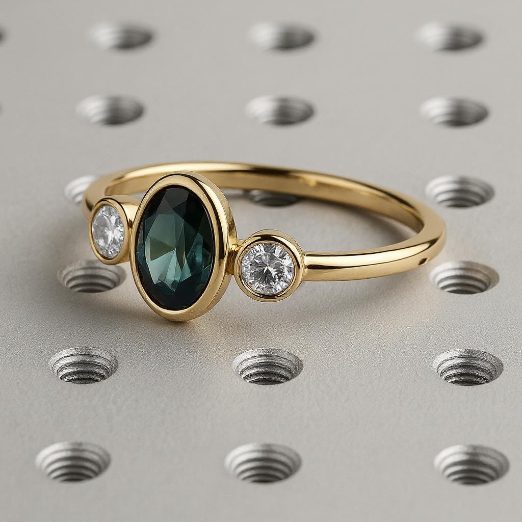 Oval Teal Sapphire Ring with Diamond Accents, Bezel Set Sapphire Ring, 14K Yellow Gold Blue Green Peacock Sapphire Bridal Ring, 3 Stone Ring