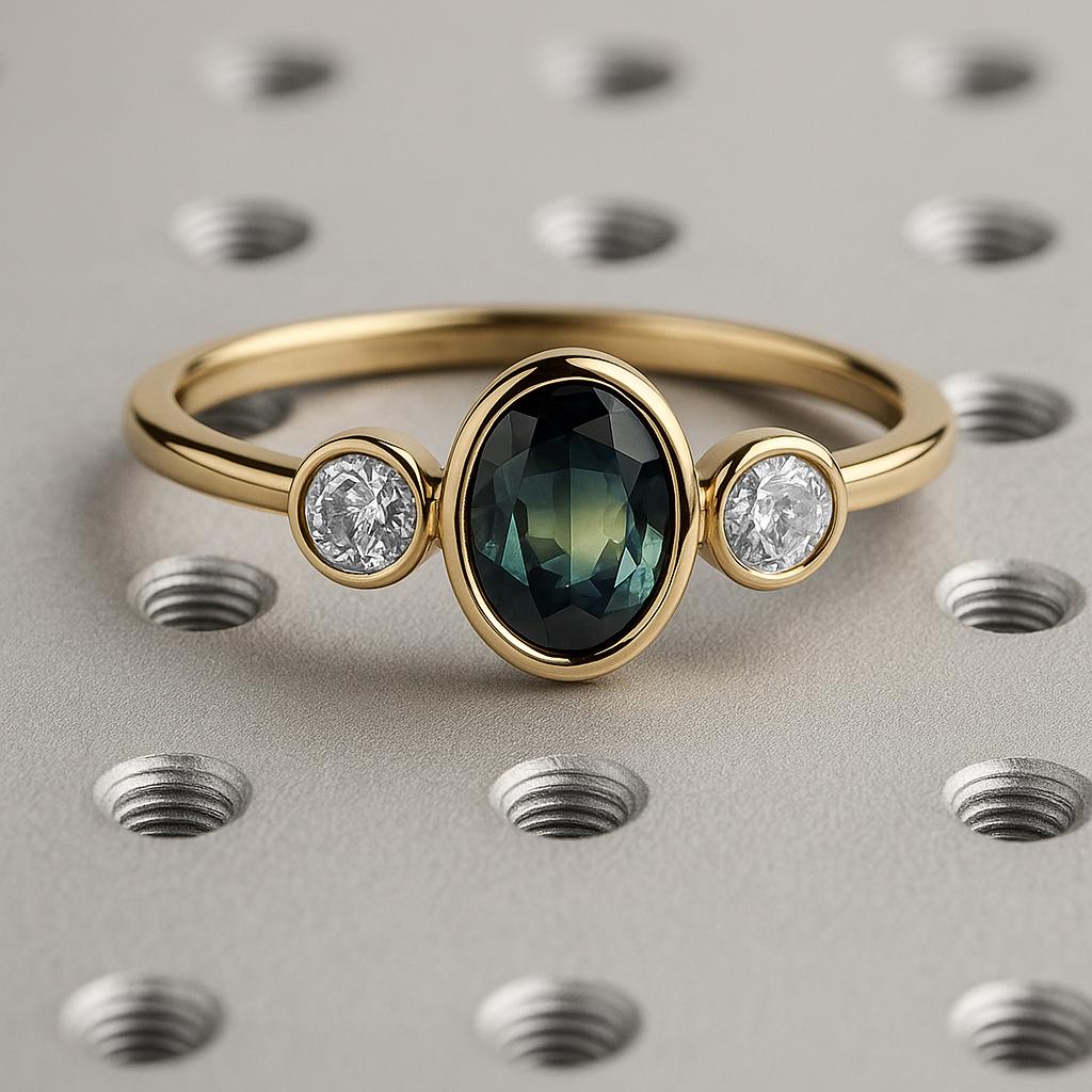 Oval Cut Teal Sapphire Ring, Ocean Blue Green Sapphire Promise Ring, 14K Gold Sapphire Engagement Ring, Bezel Set Sapphire and Diamond Ring