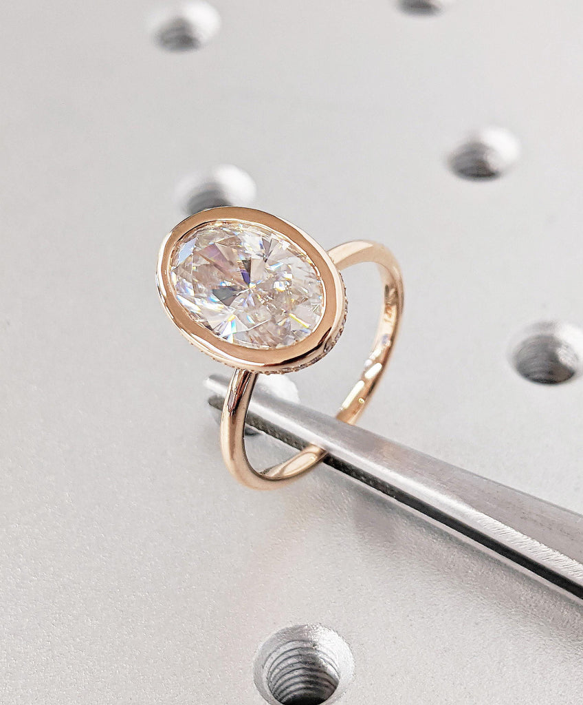 14k Rose Gold Oval Cut Moissanite Engagement Ring, Bezel Set Hidden Halo Diamond Wedding Ring, Custom Rose Gold Anniversary Ring For Her