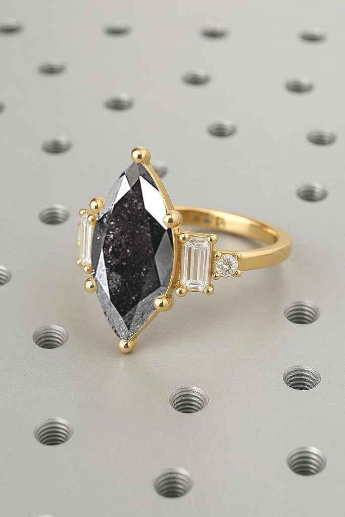 Salt and Pepper Diamond Engagement Ring | Vintage Wedding Ring | Marquise Ring | Unique Yellow Gold Ring | Art Deco Wedding Anniversary Ring