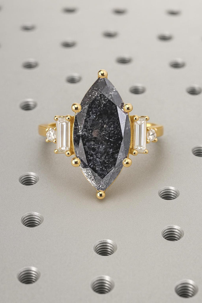 Vintage Salt and Pepper Diamond Engagement Ring | Marquise Diamond Ring | 14K Gold Ring | Unique Women Promise Ring For Her, Handmade Gift