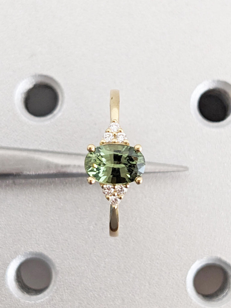 Unique Teal Sapphire Engagement Ring, 18k Gold Oval Engagement Ring, Blue Green Sapphire Promise Ring, Moissanite Cluster Ring, Gift for Her