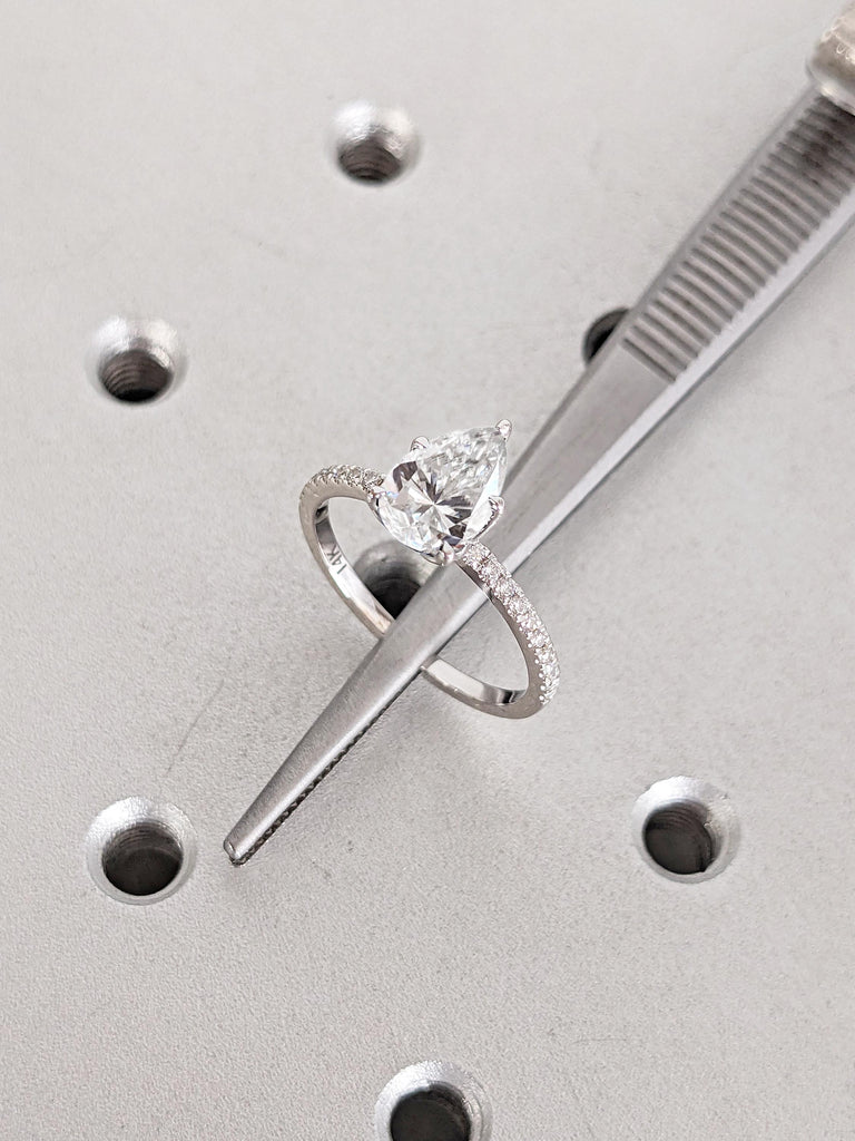 Lab Created Diamond Anniversary Ring, Dainty 14k White Gold Personalized Ring, Pear Shaped Engagement Ring, Art Deco Lab Grown Diamond Ring image #6