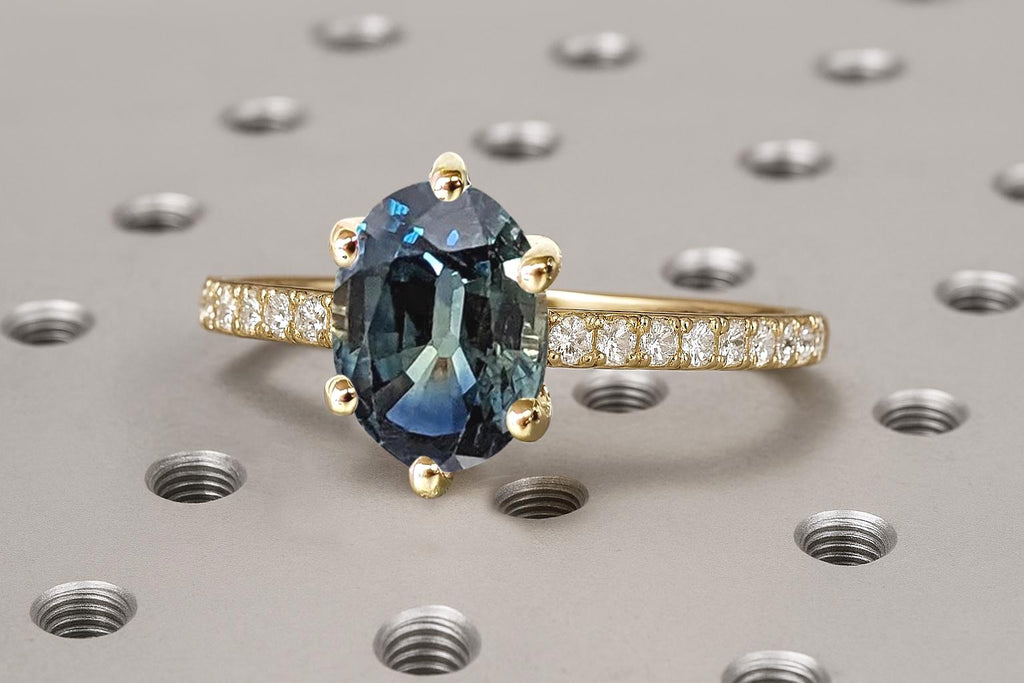 Unique Natural Teal Sapphire Gemstone Engagement Ring | 14K Solid Gold Pave Diamond Eternity Ring  | Woman Promise Ring | 1ct Sapphire Ring