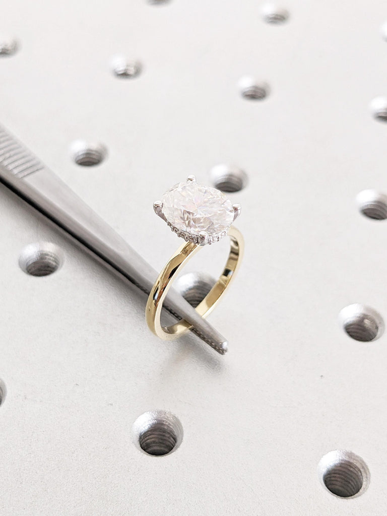 Oval Engagement Ring, Two Tone Ring, Vintage Lab Grown Diamond Solitaire Ring, Hidden Halo Lab Diamond Ring, Gold Statement Rings for Women image #7