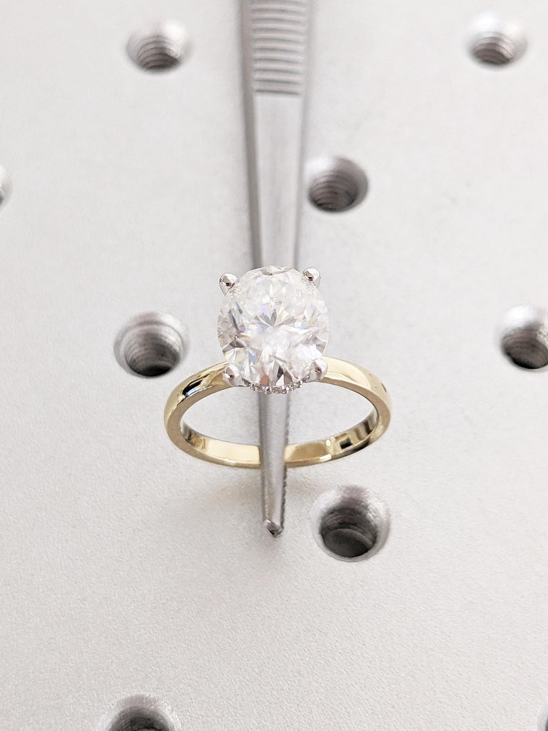 Oval Engagement Ring, Two Tone Ring, Vintage Lab Grown Diamond Solitaire Ring, Hidden Halo Lab Diamond Ring, Gold Statement Rings for Women image #1