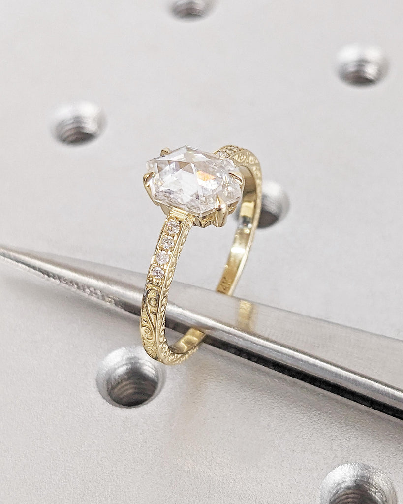 Vintage Moissanite Engagement Ring, Hexagon Cut Moissanite Promise Ring, 14K Yellow Gold Rose Cut Solitaire Filigree Engraving Wedding Band
