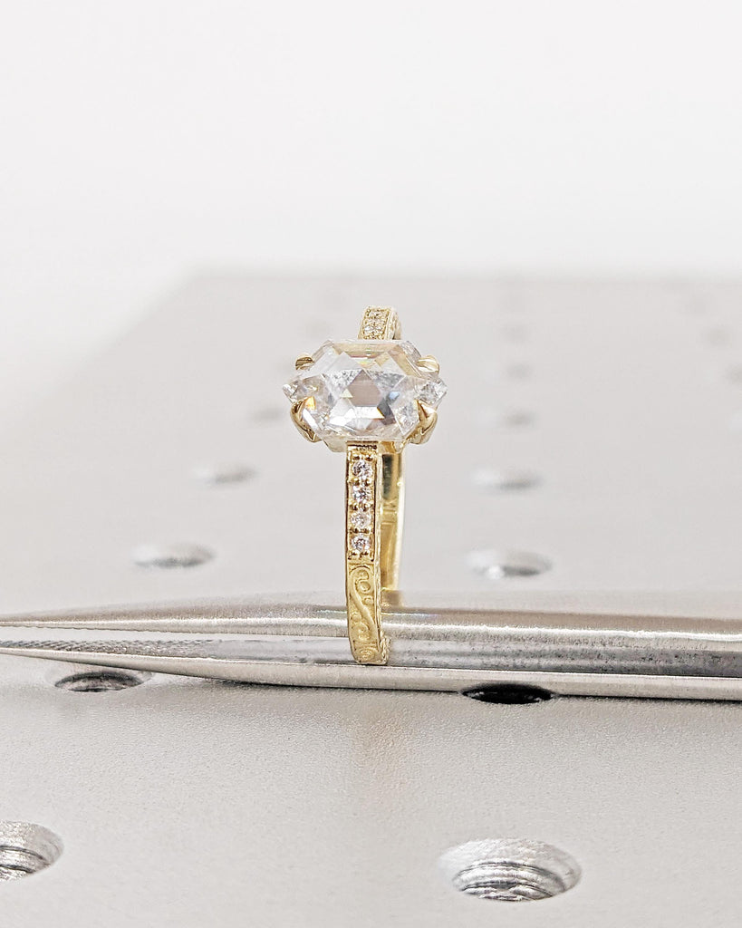 Vintage Moissanite Engagement Ring, Hexagon Cut Moissanite Promise Ring, 14K Yellow Gold Rose Cut Solitaire Filigree Engraving Wedding Band