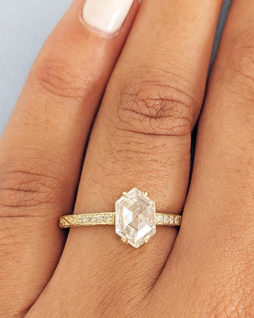 Vintage Moissanite Engagement Ring, Hexagon Cut Moissanite Promise Ring, 14K Yellow Gold Rose Cut Solitaire Filigree Engraving Wedding Band