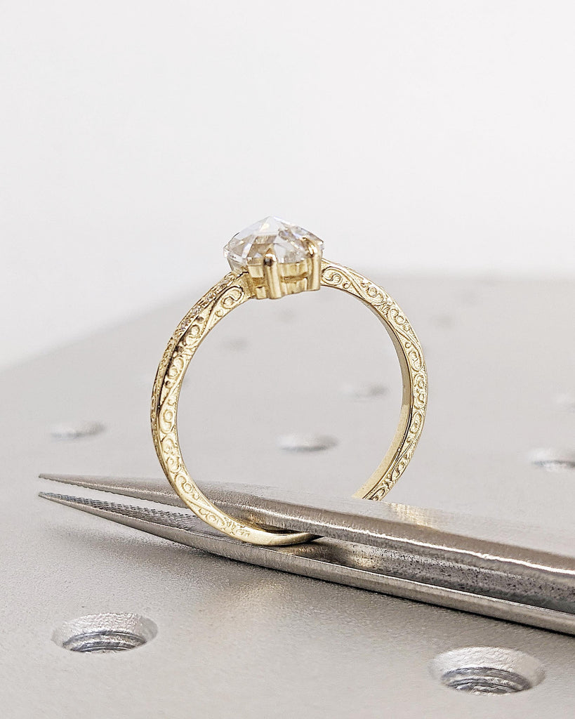 Vintage Lab Grown Diamond Engagement Ring, Hexagon Cut Lab Diamond Ring, 14K Yellow Gold Rose Cut Solitaire Filigree Engraving Wedding Band image #6