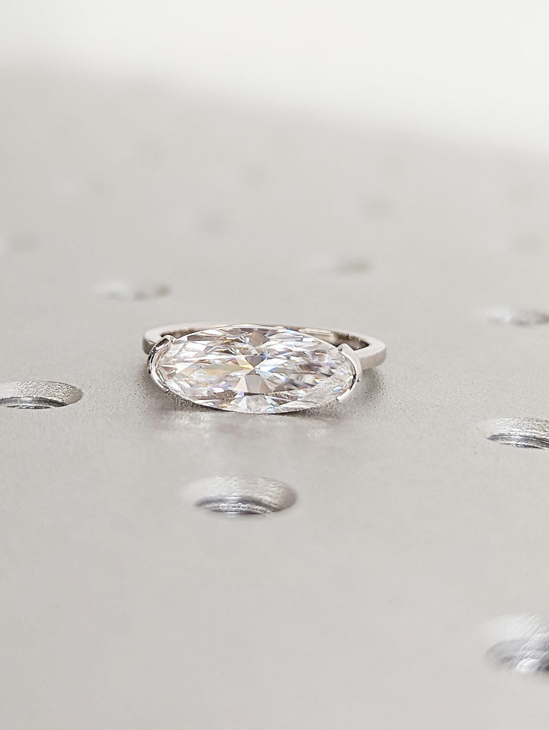 14K White Gold Oval Moissanite Engagement Ring, Half Bezel Solitaire Ring, Modern Proposal Ring, Elegant Bridal Jewelry, Simple Wedding Band