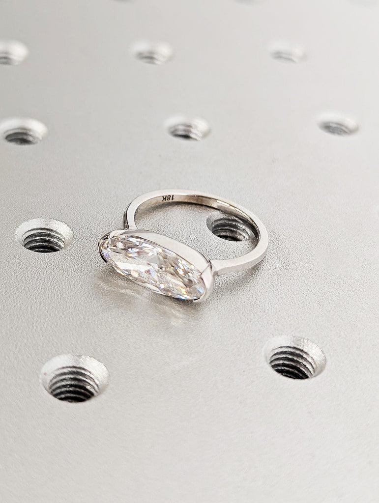 14K White Gold Oval Moissanite Engagement Ring, Half Bezel Solitaire Ring, Modern Proposal Ring, Elegant Bridal Jewelry, Simple Wedding Band