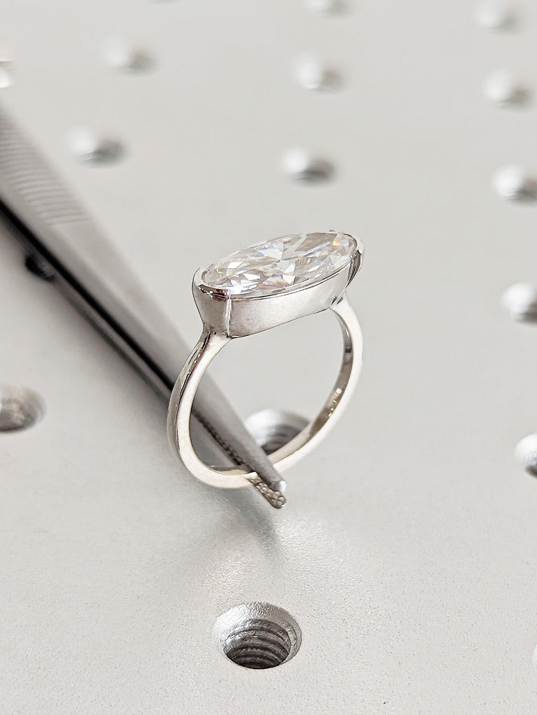 14K White Gold Oval Moissanite Engagement Ring, Half Bezel Solitaire Ring, Modern Proposal Ring, Elegant Bridal Jewelry, Simple Wedding Band