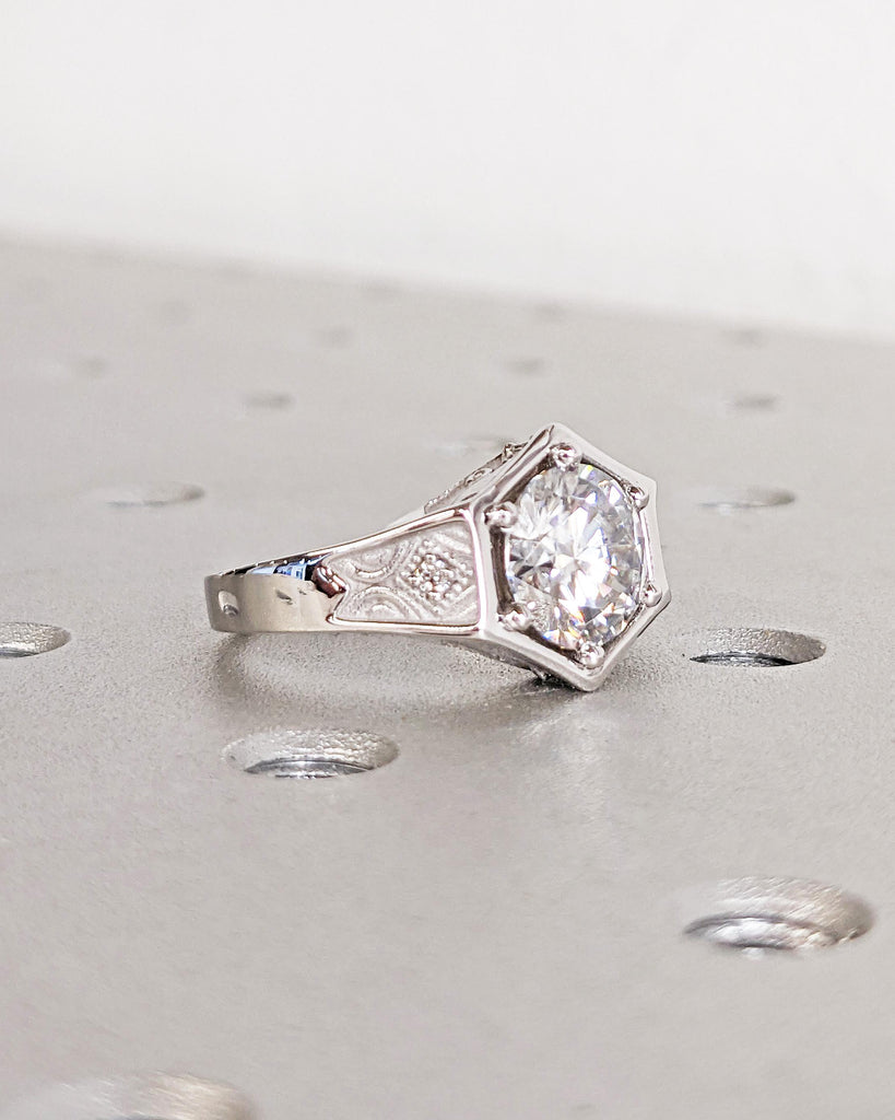 Unique Hexagon 2CT Round Lab Diamond Ring Antique Hexagonal Setting Vintage Inspired 14K White Gold Ring Round Hexagon Setting Art Deco Ring
