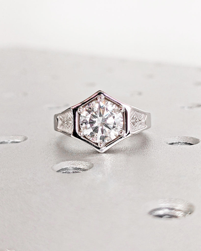 2 Carat Lab Diamond Engagement Ring Vintage Art Deco Antique Inspired Hexagon Ring 14K White Gold Anniversary Promise Ring Gift Signet Ring