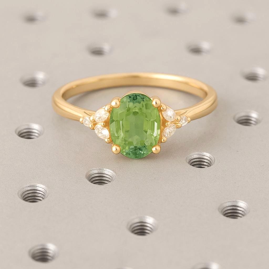 Natural Green Sapphire Oval cut Engagement Ring | Art Deco Diamond Cluster Ring | Delicate Yellow Gold Rings for Women