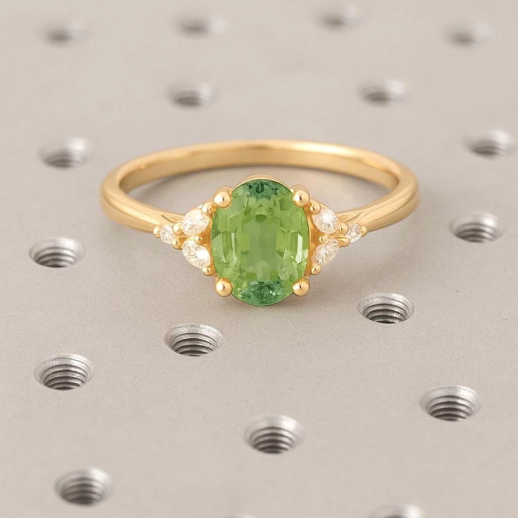 Natural Green Sapphire Oval cut Engagement Ring | Art Deco Diamond Cluster Ring | Delicate Yellow Gold Rings for Women
