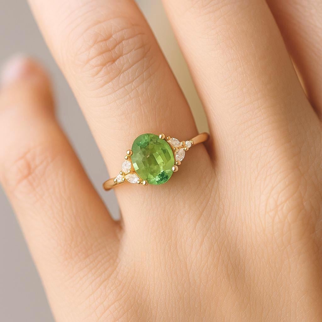 1 Carat Green Sapphire Gemstone Engagement Ring | Oval Sapphire Ring | Sapphire and Diamond Wedding Anniversary Ring | 14k 18k Sapphire Gold Ring | Gift For Her