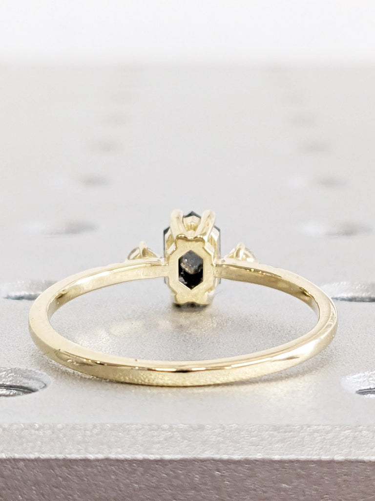 Unique Salt and Pepper Diamond Engagement Ring, 14k Solid Gold Ring, Vintage Wedding Anniversary Ring, Hexagon Diamond Ring, Gift for Women