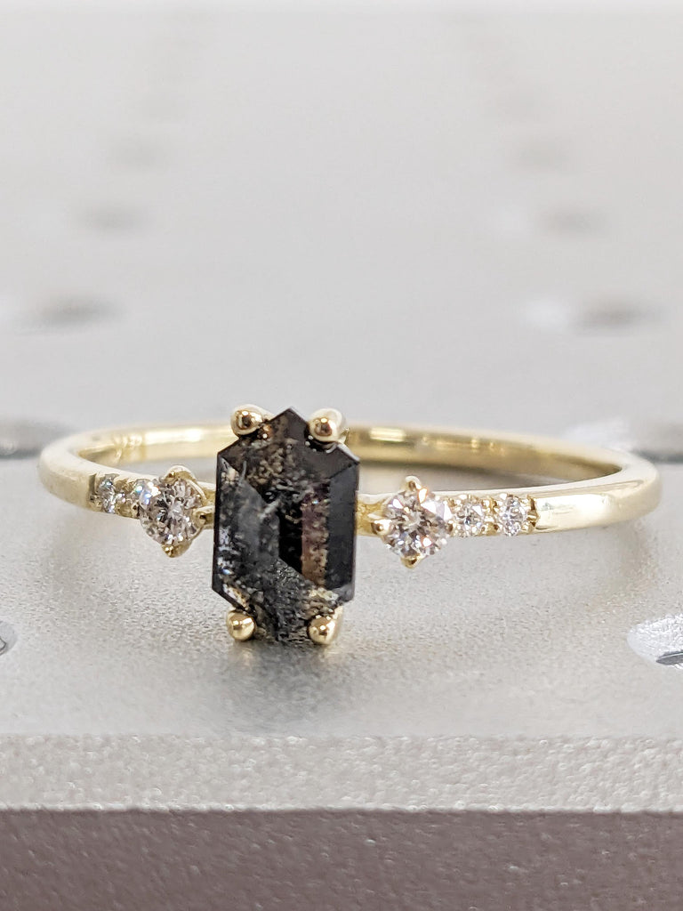 Unique Salt and Pepper Diamond Engagement Ring, 14k Solid Gold Ring, Vintage Wedding Anniversary Ring, Hexagon Diamond Ring, Gift for Women