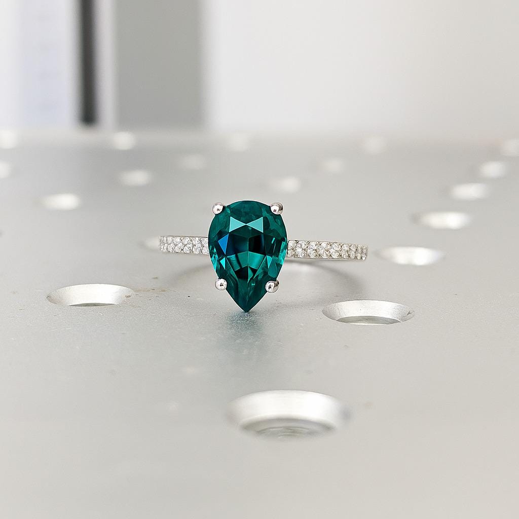 Natural Teal Sapphire Ring | Pear cut Sapphire Ring | Solid White Gold Ring | Green Sapphire Engagement Ring | Sapphire and Diamond Ring