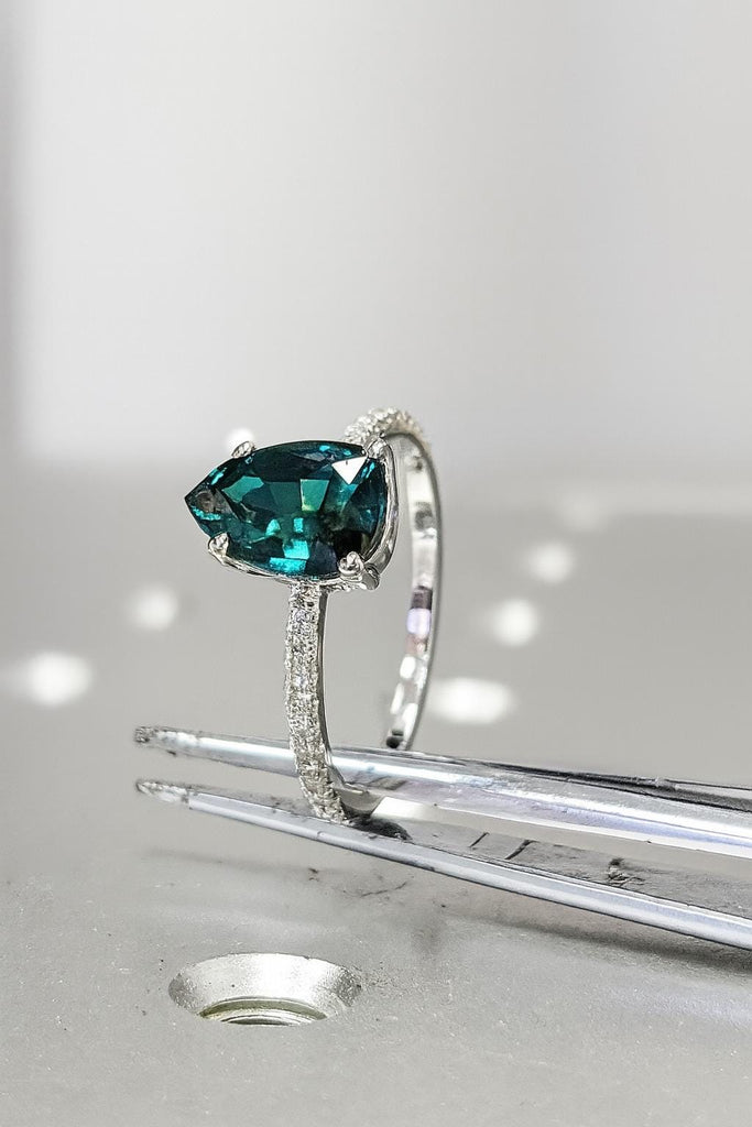 1CT Teardrop Montana Sapphire Engagement Ring, Vintage Half Eternity Blue-Green Sapphire Wedding Anniversary Gift for Women