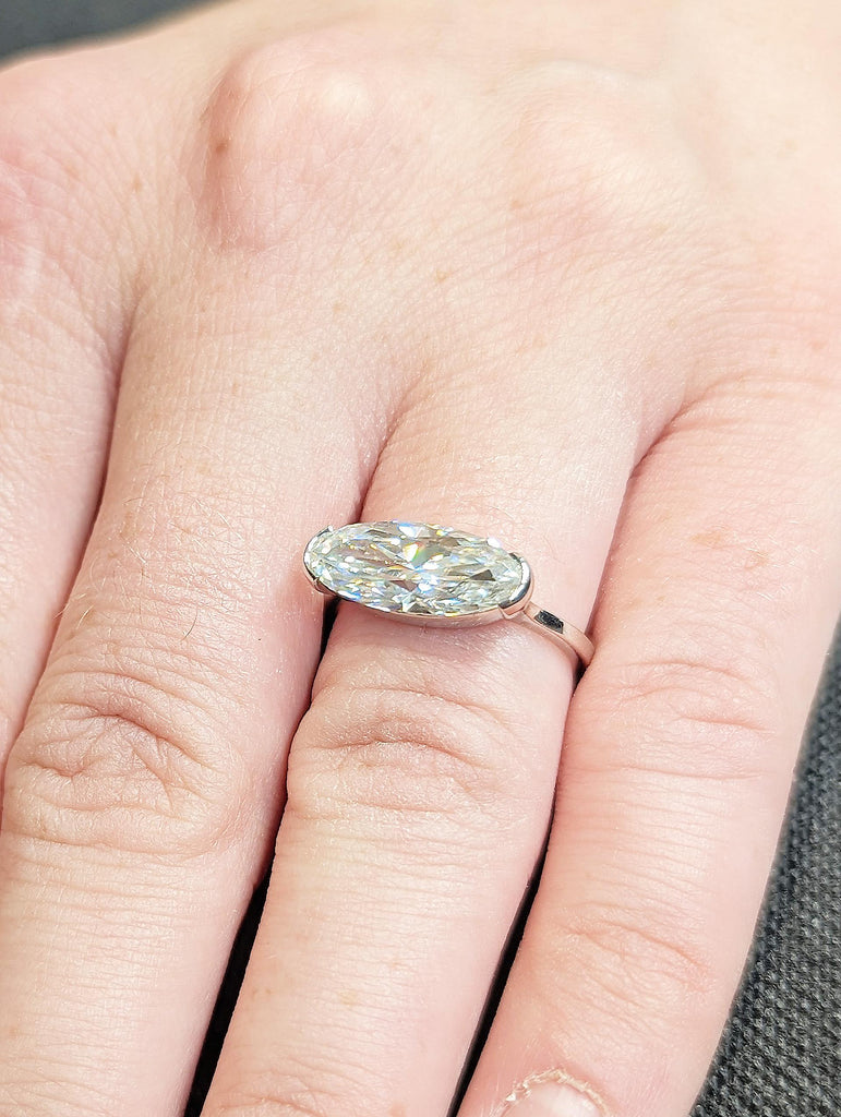 14K White Gold Oval Moissanite Engagement Ring, Half Bezel Solitaire Ring, Modern Proposal Ring, Elegant Bridal Jewelry, Simple Wedding Band
