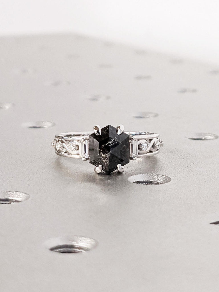 Hexagon Salt and Pepper Diamond Engagement Ring, 14K White Gold Claw Prong, Celtic Twist Wedding Band, Unique Vintage Bold Bridal Jewelry