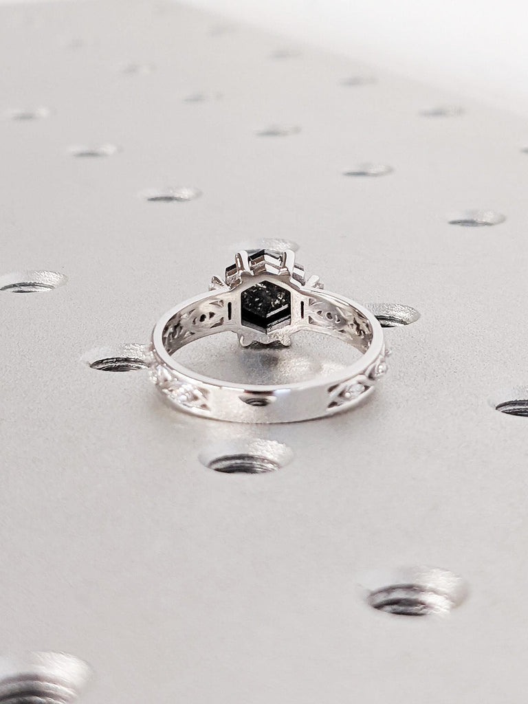 14K Solid White Gold Hexagon Salt And Pepper Diamond Engagement Ring, Vintage Celtic Twisted Band, Alternative Bridal Wedding Ring For Her