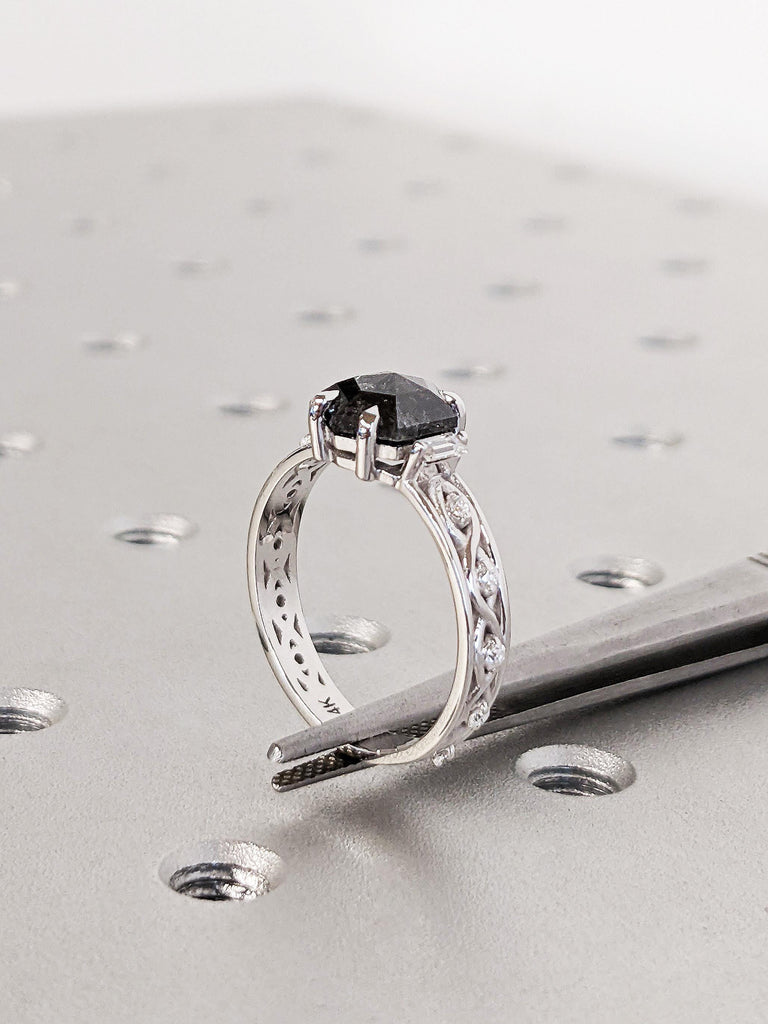 14K Solid White Gold Hexagon Salt And Pepper Diamond Engagement Ring, Vintage Celtic Twisted Band, Alternative Bridal Wedding Ring For Her