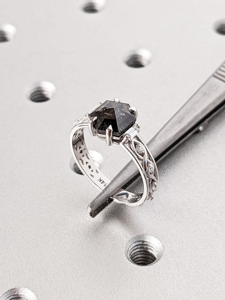 14K Solid White Gold Hexagon Salt And Pepper Diamond Engagement Ring, Vintage Celtic Twisted Band, Alternative Bridal Wedding Ring For Her