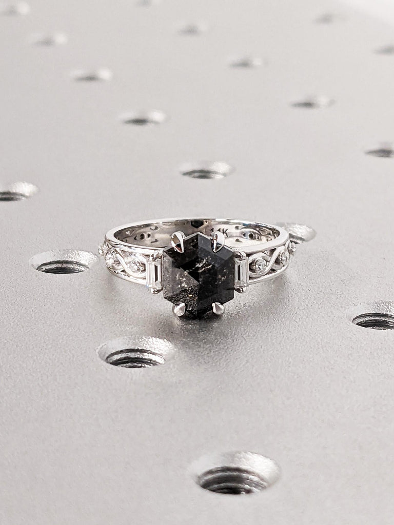 Hexagon Salt and Pepper Diamond Engagement Ring, 14K White Gold Claw Prong, Celtic Twist Wedding Band, Unique Vintage Bold Bridal Jewelry