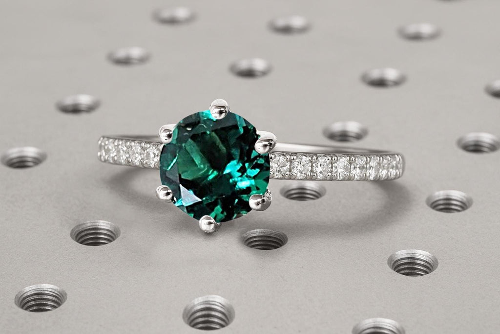 Green Emerald and Diamond Minimalist Ring | Vintage Emerald Engagement Ring | White Gold Diamond Eternity Band | Statement Art Deco Jewelry