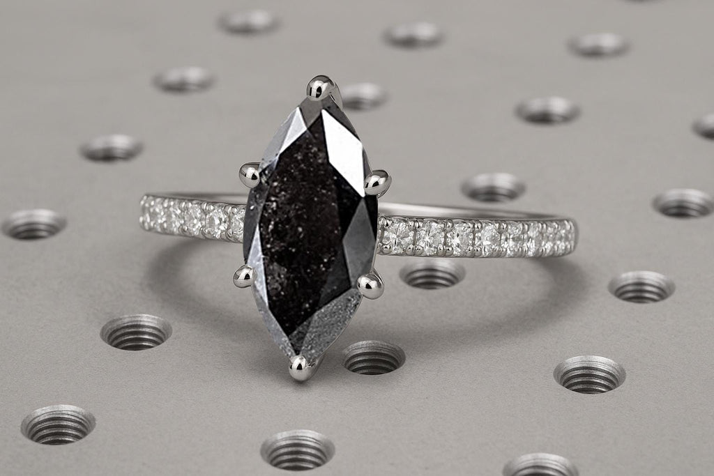 Raw Salt and Pepper Diamond Marquise cut Engagement Ring | Black and White Diamond Ring | Solid Gold Diamond Wedding Ring | Natural Diamond