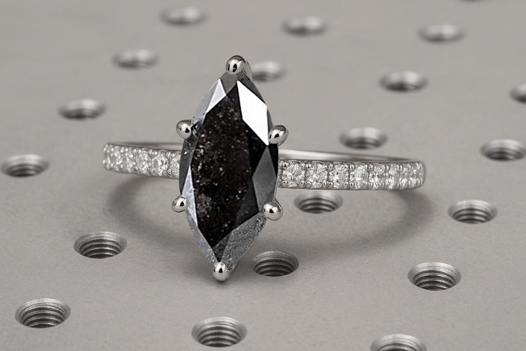 Raw Salt and Pepper Diamond Marquise cut Engagement Ring | Black and White Diamond Ring | Solid Gold Diamond Wedding Ring | Natural Diamond