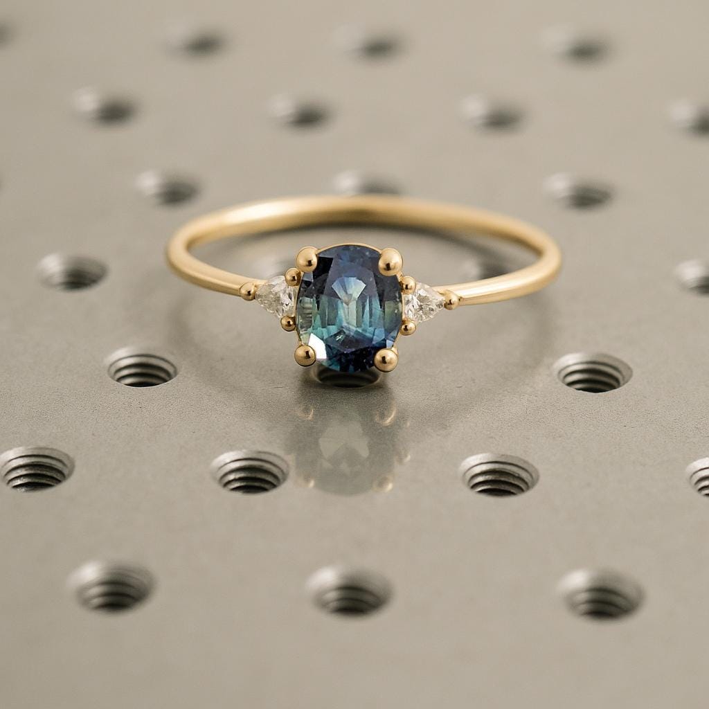 Teal Sapphire Engagement Ring, 14k Gold Ring, Three stone Art Deco Ring