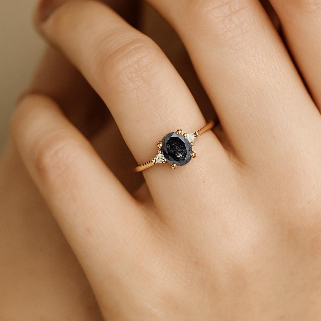 Raw Salt and Pepper Diamond Engagement Ring, Natural Diamond Ring