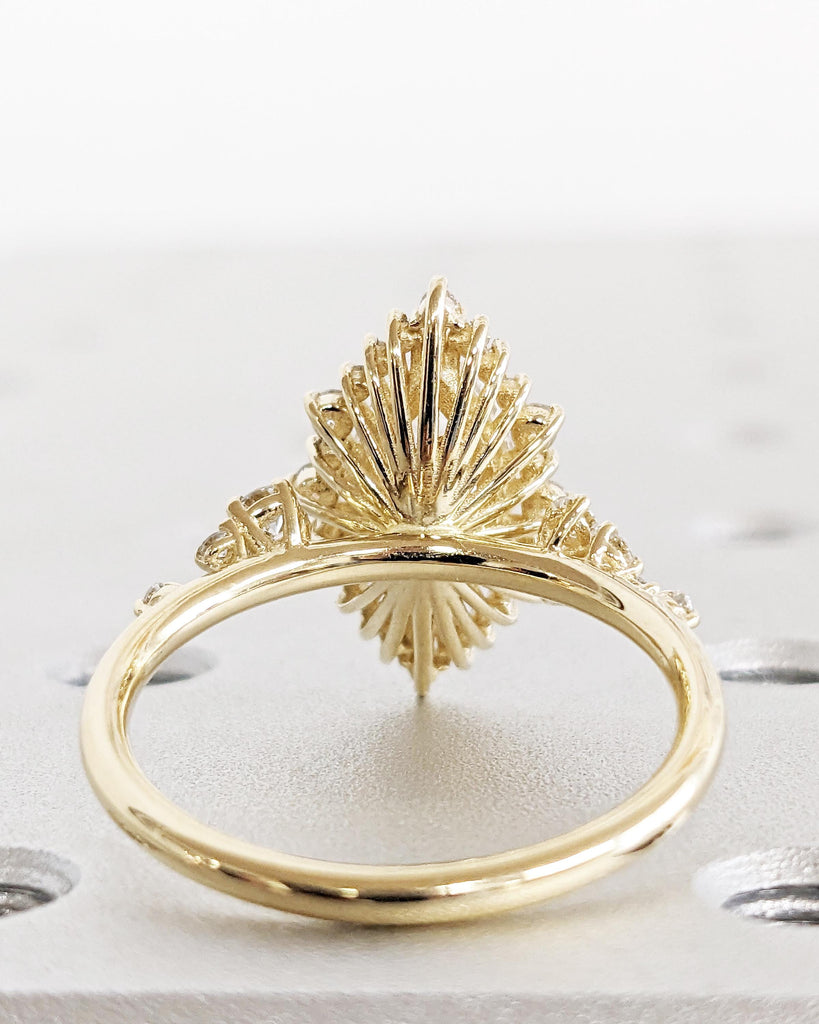 14K Yellow Gold Sunburst Diamond Halo Engagement Ring, Lab Created Diamond Cluster Ring, Marquise & Round cut Simulated Diamond Band Vintage