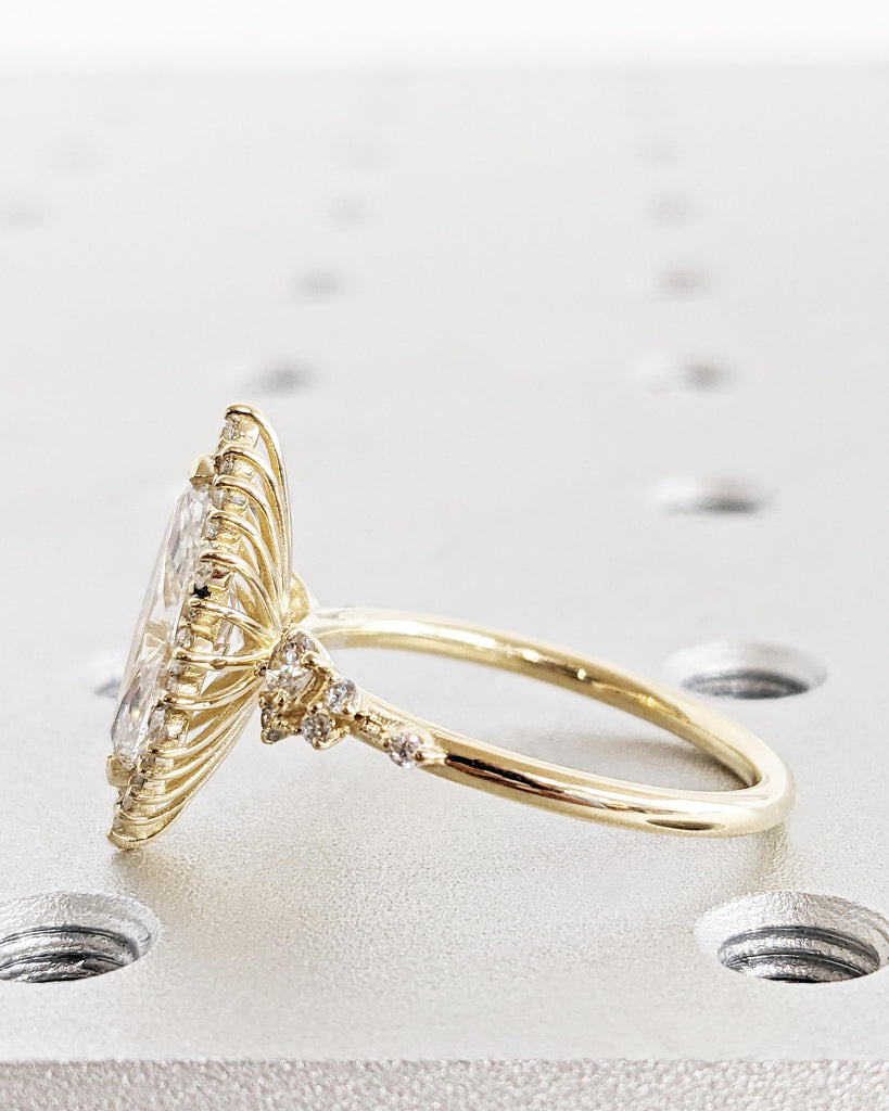 14K Yellow Gold Sunburst Diamond Halo Engagement Ring, Lab Created Diamond Cluster Ring, Marquise & Round cut Simulated Diamond Band Vintage