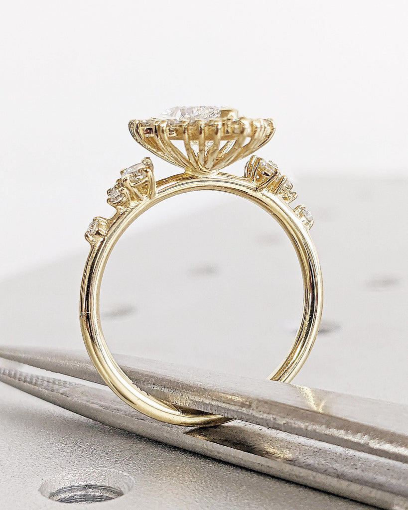 14K Yellow Gold Sunburst Diamond Halo Engagement Ring, Lab Created Diamond Cluster Ring, Marquise & Round cut Simulated Diamond Band Vintage