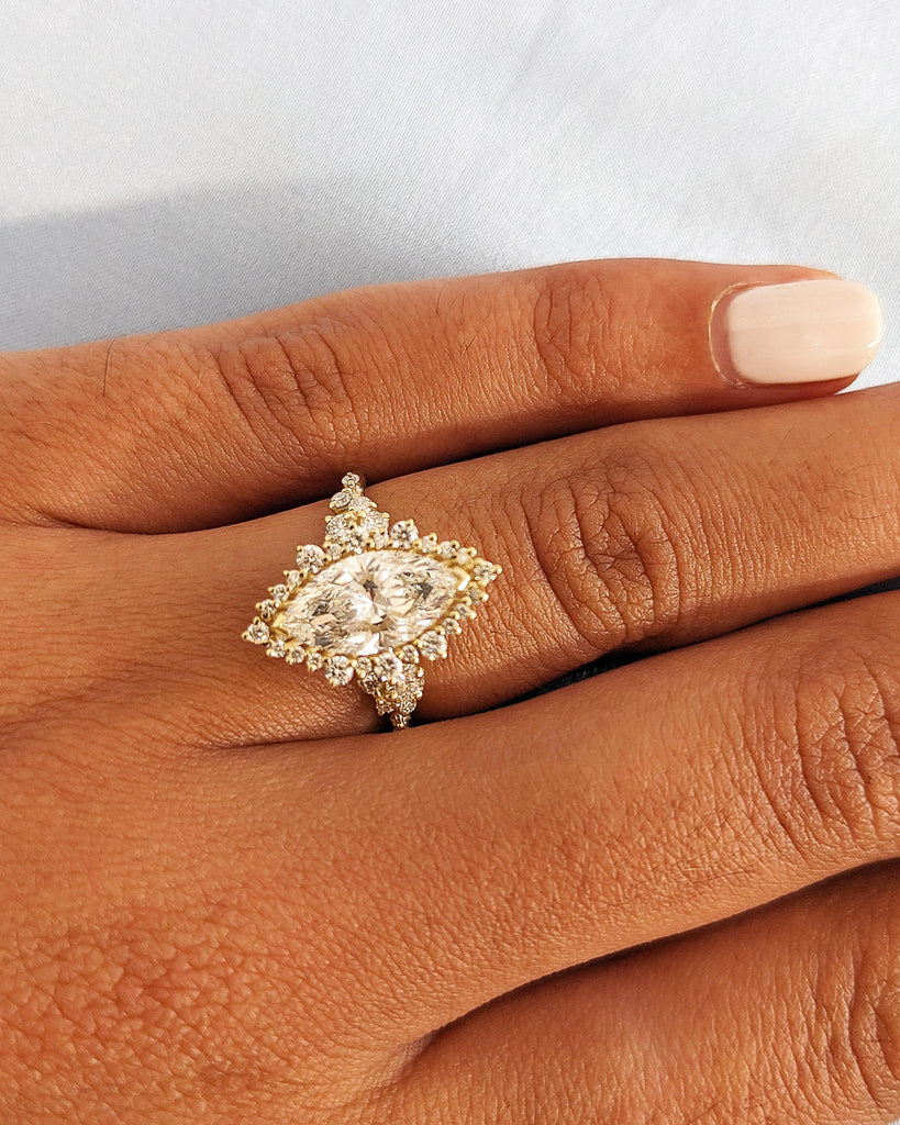 14K Yellow Gold Sunburst Diamond Halo Engagement Ring, Lab Created Diamond Cluster Ring, Marquise & Round cut Simulated Diamond Band Vintage