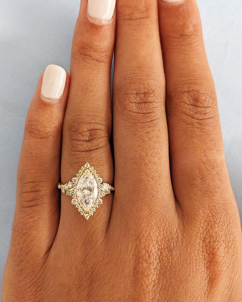 14K Yellow Gold Sunburst Diamond Halo Engagement Ring, Lab Created Diamond Cluster Ring, Marquise & Round cut Simulated Diamond Band Vintage