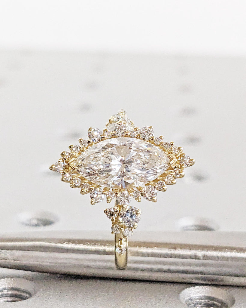 Starburst Halo Round and Marquise Lab Diamond Ring / Vintage Art Deco Wedding Ring / 14K Gold Diamond Cluster Flower Engagement Ring for Her