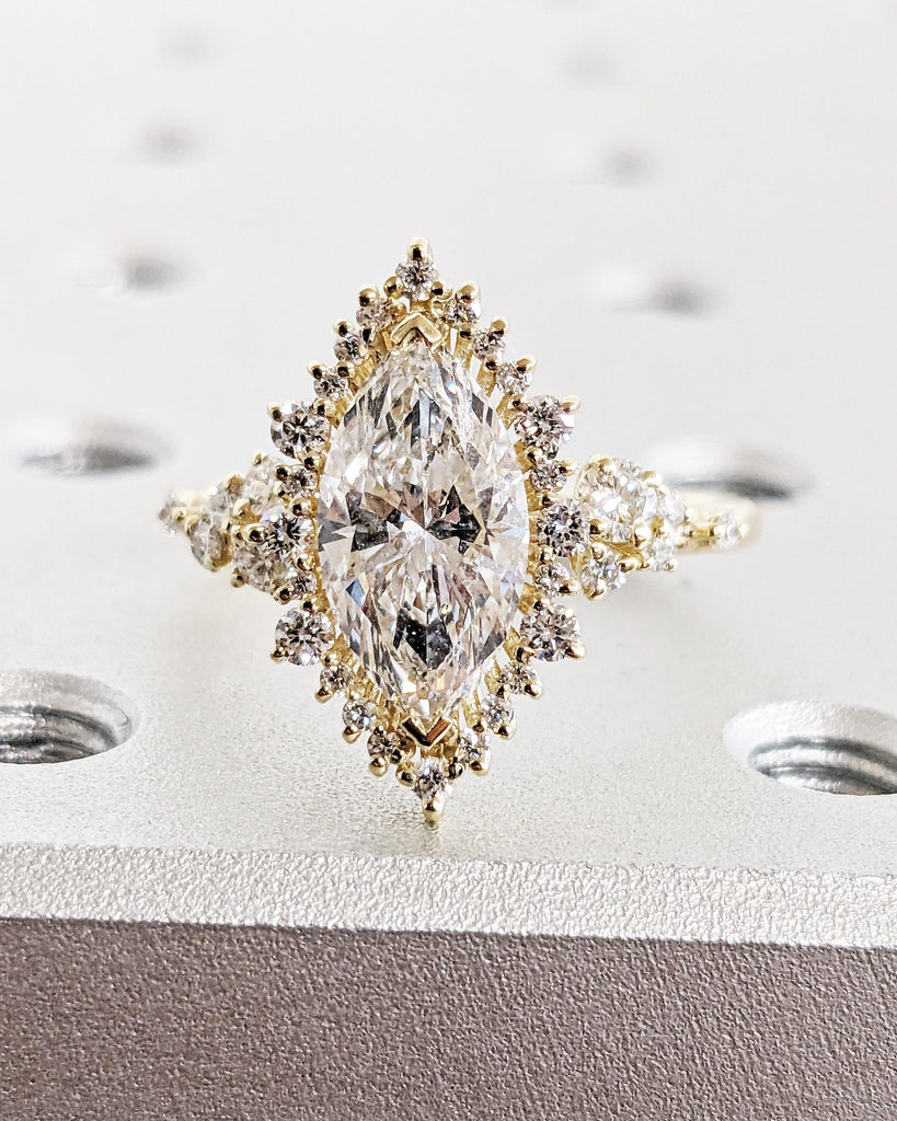 14K Yellow Gold Sunburst Diamond Halo Engagement Ring, Lab Created Diamond Cluster Ring, Marquise & Round cut Simulated Diamond Band Vintage