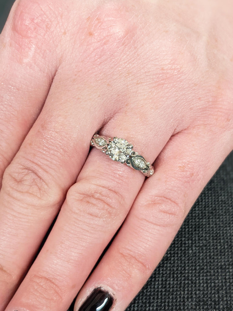 14K Solid White Gold Classic Lab Diamond Engagement Ring, Vintage Filigree Wedding Ring, Art Deco Antique Lace Ring, Unique Heirloom Jewelry