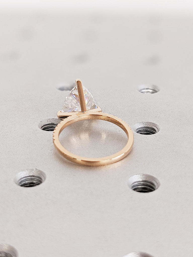 18K Rose Gold Trillion Moissanite Engagement Ring, Trillion Cut Diamond Ring, Diamond Pavé Band, Timeless Wedding Ring, Thin Stackable Ring
