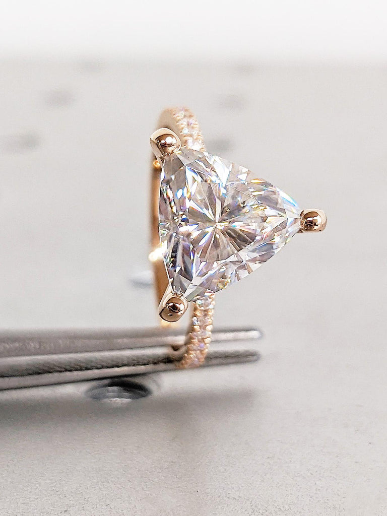 18K Rose Gold Trillion Moissanite Engagement Ring, Trillion Cut Diamond Ring, Diamond Pavé Band, Timeless Wedding Ring, Thin Stackable Ring