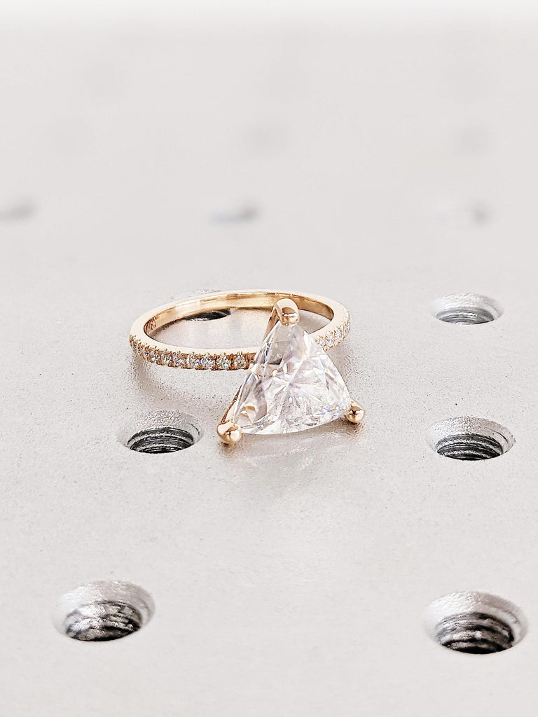 Trillion Lab Diamond Engagement Ring for Women, 18K Rose Gold Pavé Band, 3-Prong Lab Diamond Bridal Ring, Timeless Wedding Ring, Dainty Ring