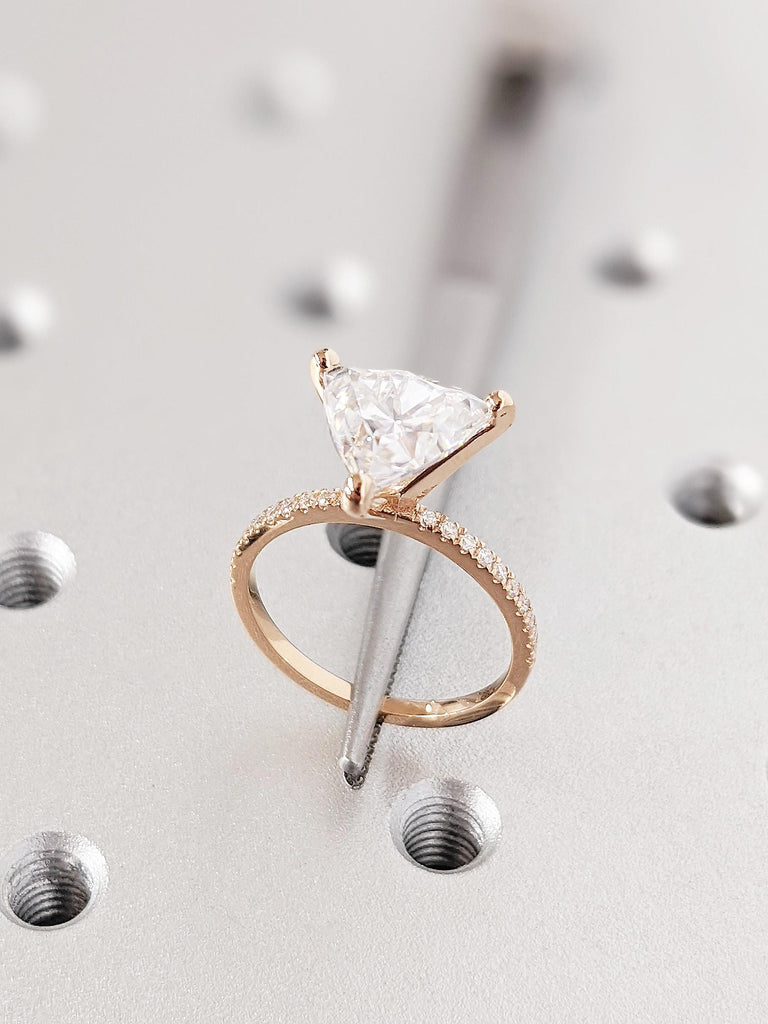 Trillion Lab Diamond Engagement Ring for Women, 18K Rose Gold Pavé Band, 3-Prong Lab Diamond Bridal Ring, Timeless Wedding Ring, Dainty Ring